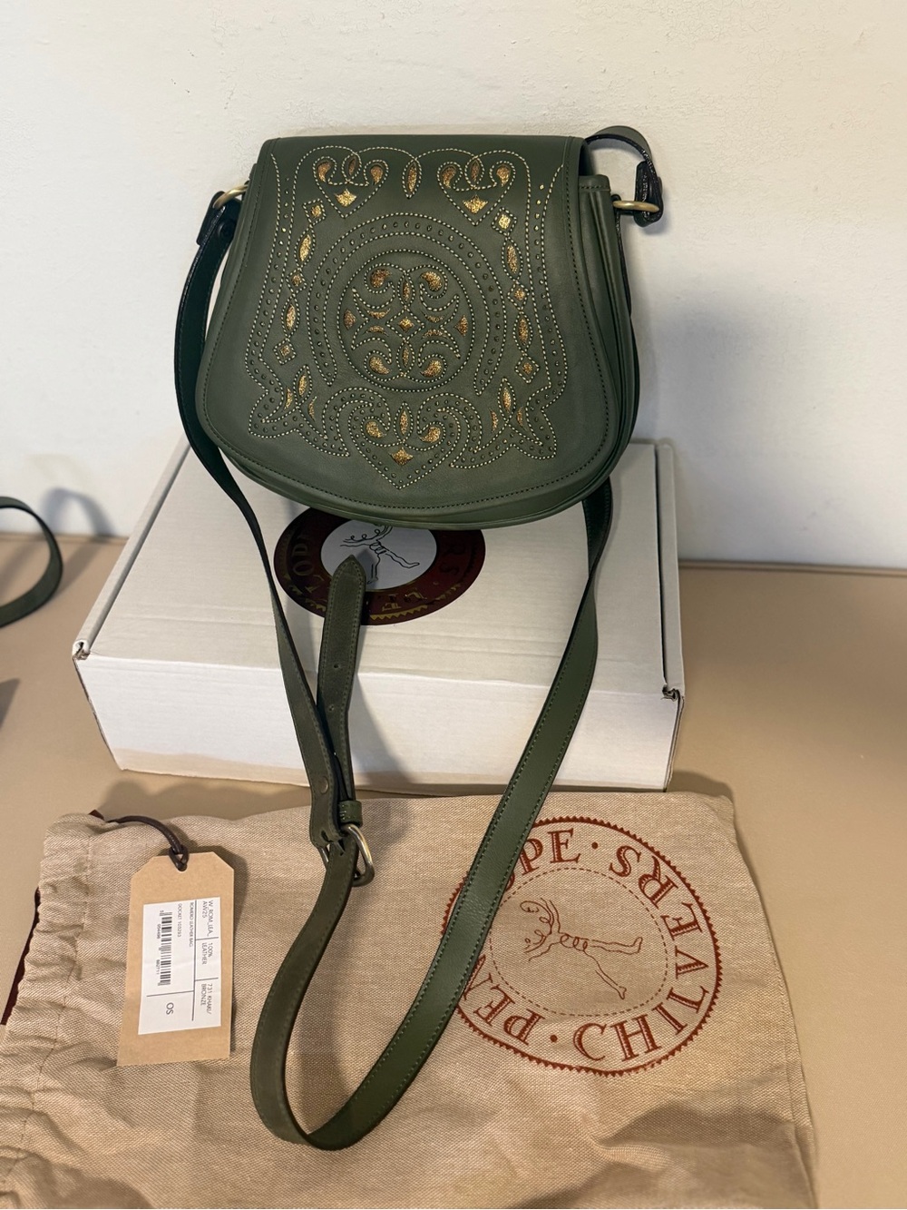 Penelope Chilvers Olive Green Embroidered Leather Crossbody Saddle Bag NWT - Picture 2 of 7